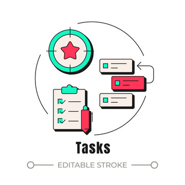 Tasks neubrutalism concept icon. Optimized daily workflow alignment. Business prioritization framework. Goal tracking system. Trendy neo-memphis vector illustration. Circular contemporary flat design