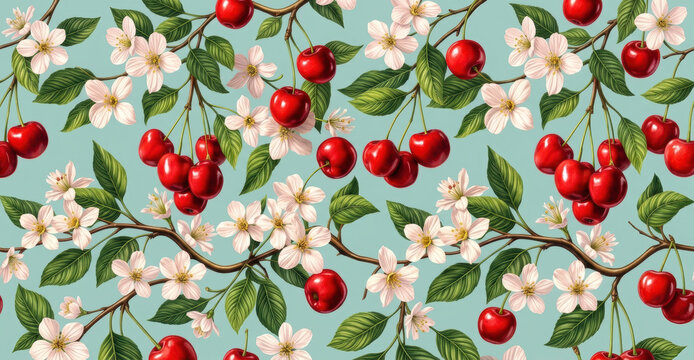 Lush cherry blossoms and ripe cherries create vibrant floral pattern on soft blue background