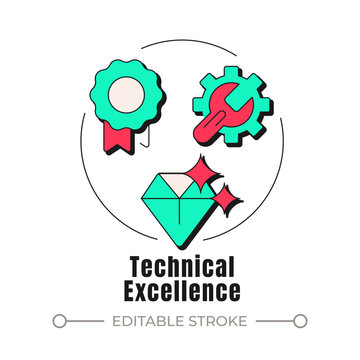 Technical excellence neubrutalism concept icon. Engineering standards. High level tech innovation. Top performance delivery. Trendy neo-memphis vector illustration. Circular contemporary flat design