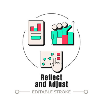 Reflect and adjust neubrutalism concept icon. Data driven performance review. Continuous self improvement mindset. Trendy neo-memphis vector illustration. Circular contemporary flat design