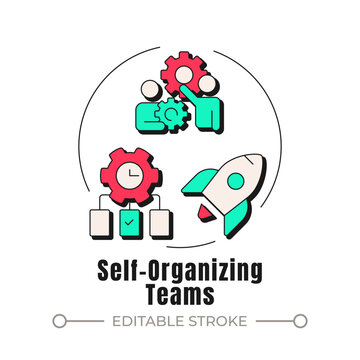 Self organizing teams neubrutalism concept icon. Modern collaborative workflow. Agile workplace culture. Project management. Trendy neo-memphis vector illustration. Circular contemporary flat design