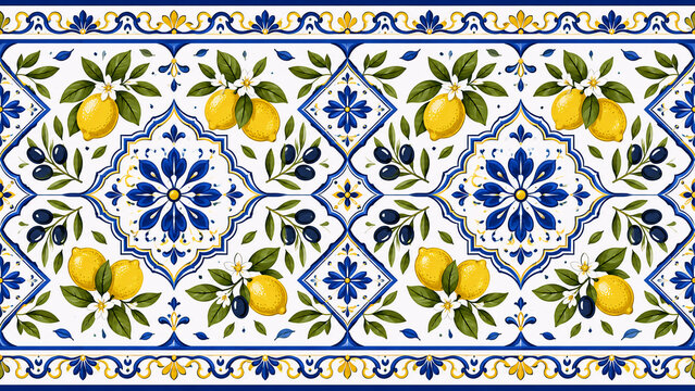 Seamless Mediterranean Lemon and Olive Tile Pattern with Blue Floral Ornament