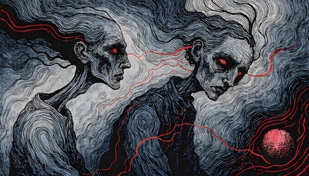 Dark surreal artwork depicting ghostly figures with glowing red orbs and veins illustration sinister visionary creature conceptual abstract atmosphere intricate haunting darkness menacing