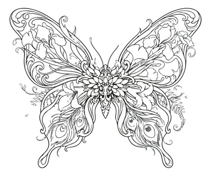 Intricate butterfly coloring page with floral wings, ornate insect line art vector, decorative butterfly illustration for adult coloring books