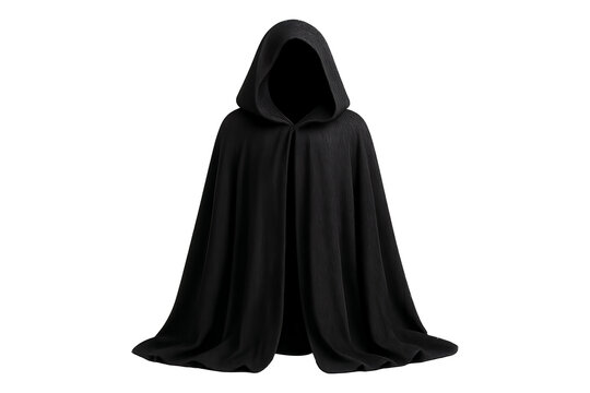 Black hooded cloak with draped fabric on transparent background