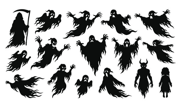 Creepy Halloween ghost and monster silhouettes set scary creature elements vector illustration