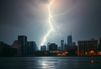 Obraz premium Lightning striking over city skyline during rainstorm