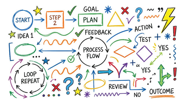 Colorful business process flowchart with feedback loop and goal plan