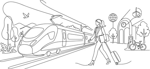 Obraz premium A businesswoman walking at a train station platform with a suitcase.