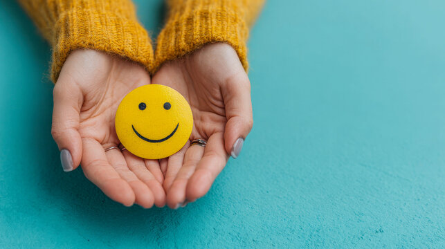Bright yellow smiley face held by hands over a blue background
