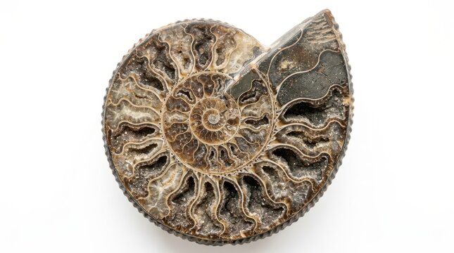 Macro shot of a fossilized ammonite shell showing intricate spiral patterns and internal chambers isolated on white background