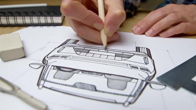 Hands of engineer sketching automotive vehicle prototype with pencil on paper at desk. Industrial designer developing new car blueprint drafts near measuring tools and rulers.