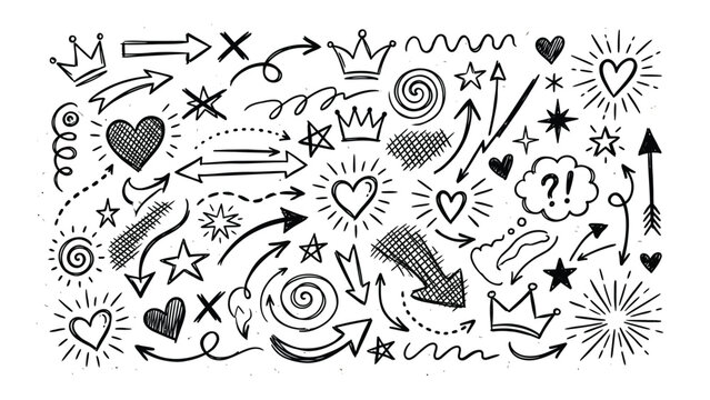Black doodle icons set with hearts, crowns and arrows
