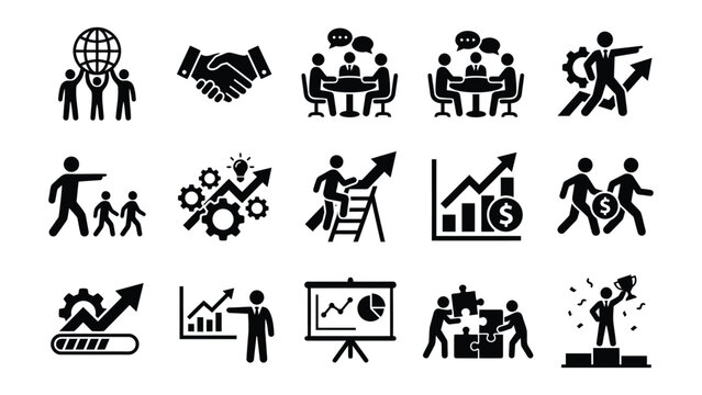 Black business and teamwork icons set with people and growth charts