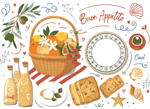 Italian Summer Picnic Vector Elements Set with Fruit Basket, Lemonade Bottles, Focaccia Bread, and Ornaments