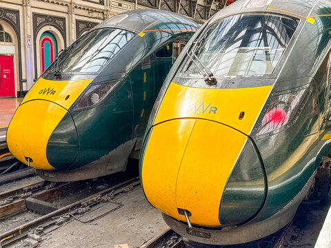 London, England, UK - 14 May 2026: Two class 800 high speed trains side by side at London Paddington railway station. The trains are operated by Great Western Railway GWR.