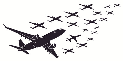 Black airplane silhouettes set against white background © AX