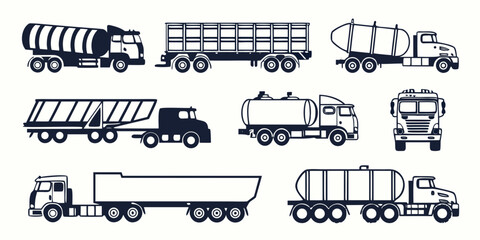 Black and white line collection of trucks and delivery vehicles © AX