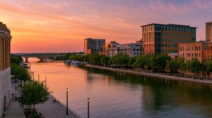 Obraz premium Downtown Waco along the Brazos River waterfront at golden hour with historic brick and modern glass architecture