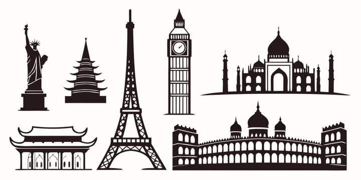 Set of 28 black and white famous landmark on white