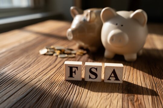 Close-up photography of FSA wooden blocks and a piggy bank on a rustic desk, symbolizing savings and financial planning