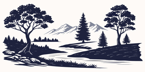 Serene river landscape with pine trees and mountains, white background © AX