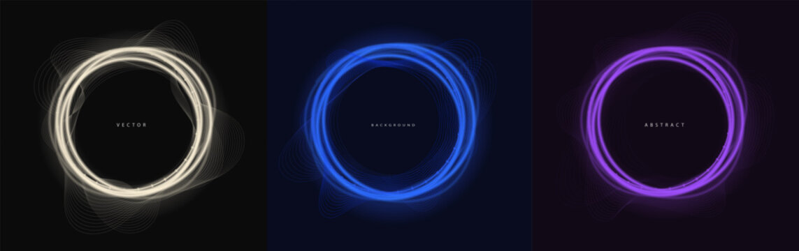 White, blue and violet circle with lights in black background. Futuristic technology modern style. Equalizer artificial intelligence technology vector