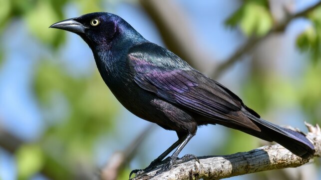 Close-up portrait of a common grackle showing purple-green iridescence