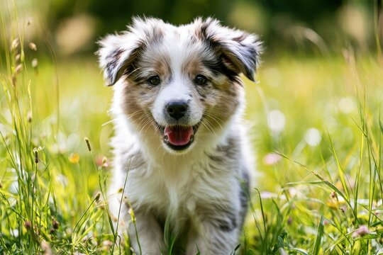 Close-up portrait of a miniature American Shepherd puppy in bright summer light