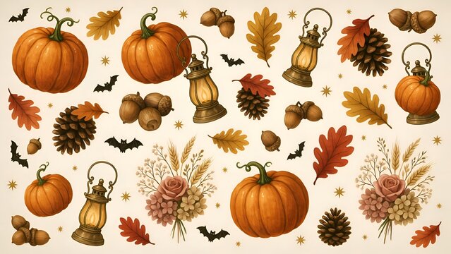 Autumn arrangement featuring pumpkins acorns oak leaves and vintage lanterns watercolor style