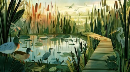 Obraz premium Digital painting banner of a lush wetland landscape highlighting biodiversity and conservation