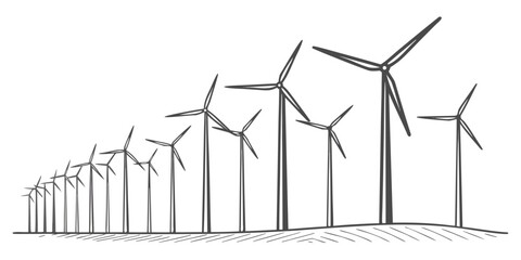 Set of ten white wind turbines on a white background © AX