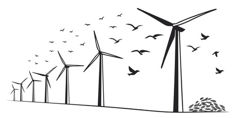 Set of seven white wind turbines on white background © AX