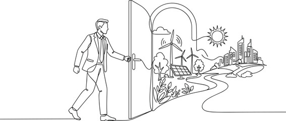 Obraz premium A businessman opening a door to a sustainable green city future continuous line art.