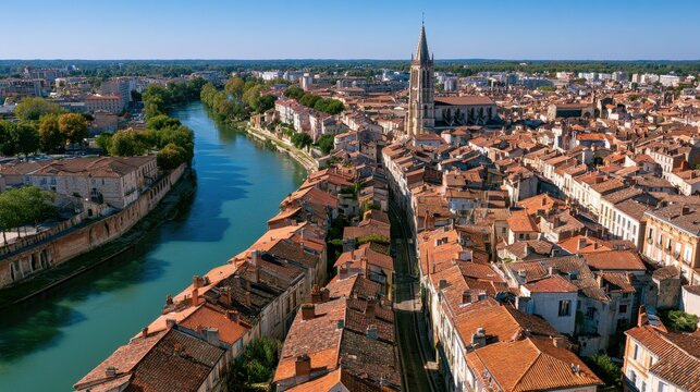 High-altitude cityscape of Agen: stone facades, narrow lanes, and blue sky