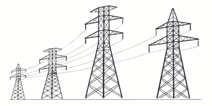 Five electric transmission towers on white background