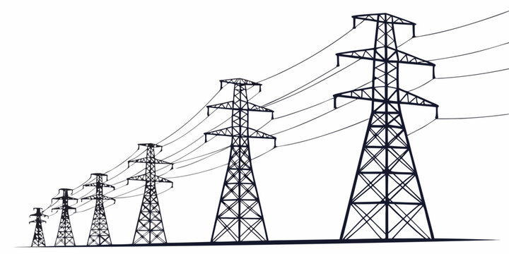 High-voltage electric transmission towers against white background