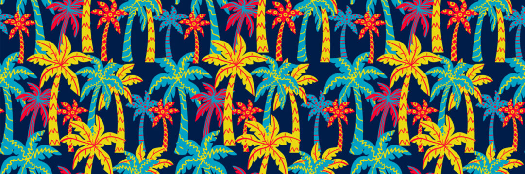 neon tropical palm tree seamless pattern on dark blue background for summer night party poster festival clothes and web design