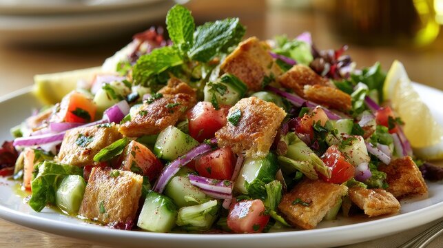Colorful Mediterranean fattoush salad arranged with crispy pita, chopped vegetables, and herbs on a white ceramic plate