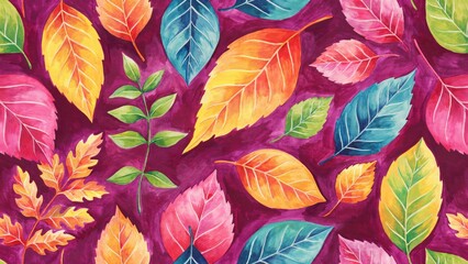 Fototapeta premium Vibrant watercolor pattern of multicolored autumn leaves on deep purple background