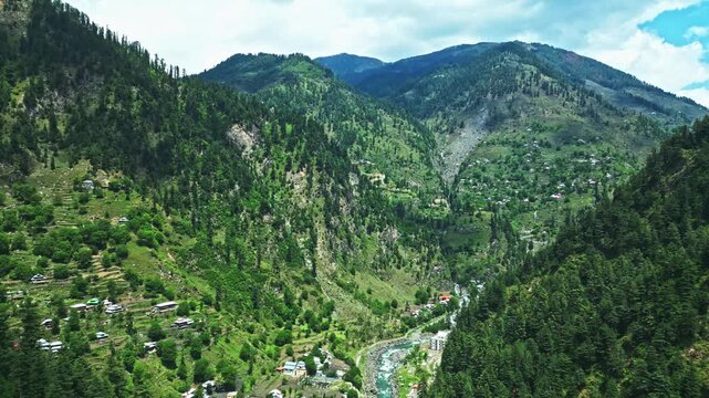 Aerial View of Kaghan Valley with Lush Green Mountains and Flowing River, KPK Pakistan