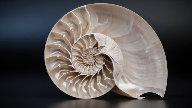 Cross section of a nautilus shell with spiral chambers on black background