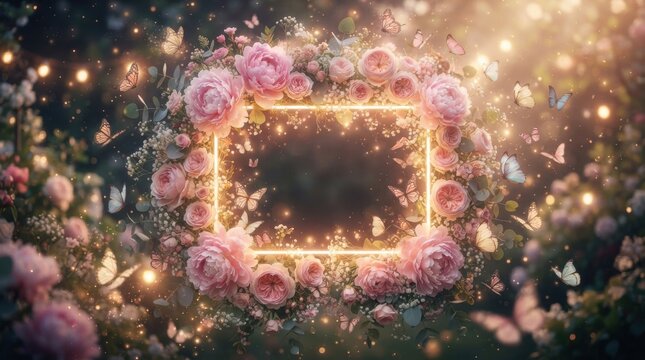 Floral frame with pink roses and butterflies on a glowing bokeh background