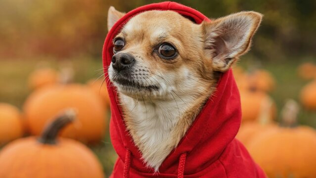 Chihuahua dog wearing a red hoodie in a pumpkin patch
