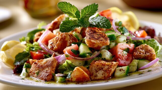Fresh fattoush salad on plate with pita croutons, cucumber, tomato, red onion, herbs, and citrus dressing