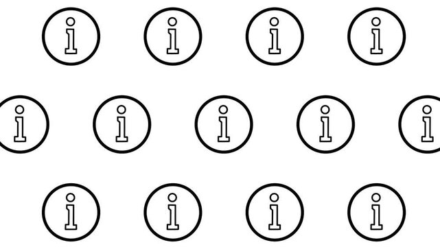 Minimalist information icon pattern background seamless loop animation. Black and white info line icons scrolling horizontally.