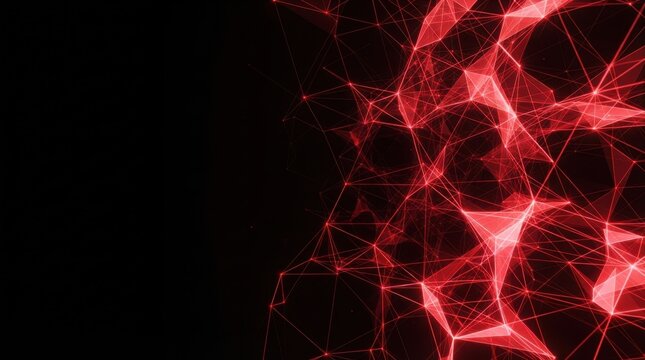 Abstract red digital network connection background with glowing lines and geometric triangular shapes in dark space