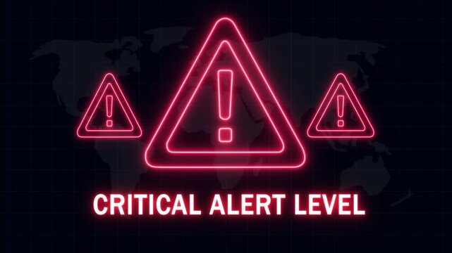 Digital global security alert system featuring glowing red neon warning triangles and critical alert level text overlay on a dark stylized map background, for cybersecurity and, emergency broadcasts