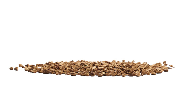 Instant coffee granules, soluble coffee isolated white clipping, side view