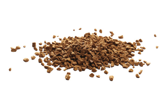 Instant coffee granules, soluble coffee isolated white clipping, side view